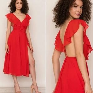 Anthropologie - Red Yumi Kim Bouquet Wrap Ruffle Midi Dress Backless- Size Small